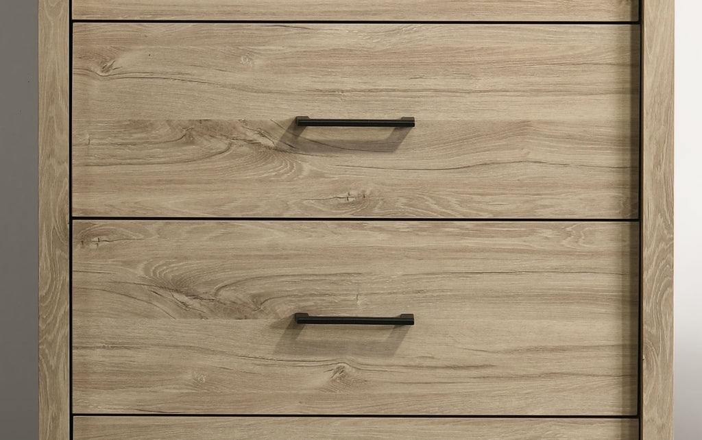 Middle drawers of Light Oak 4-Drawer Chest with Black Handles showcasing wood grain pattern and minimalist hardware.