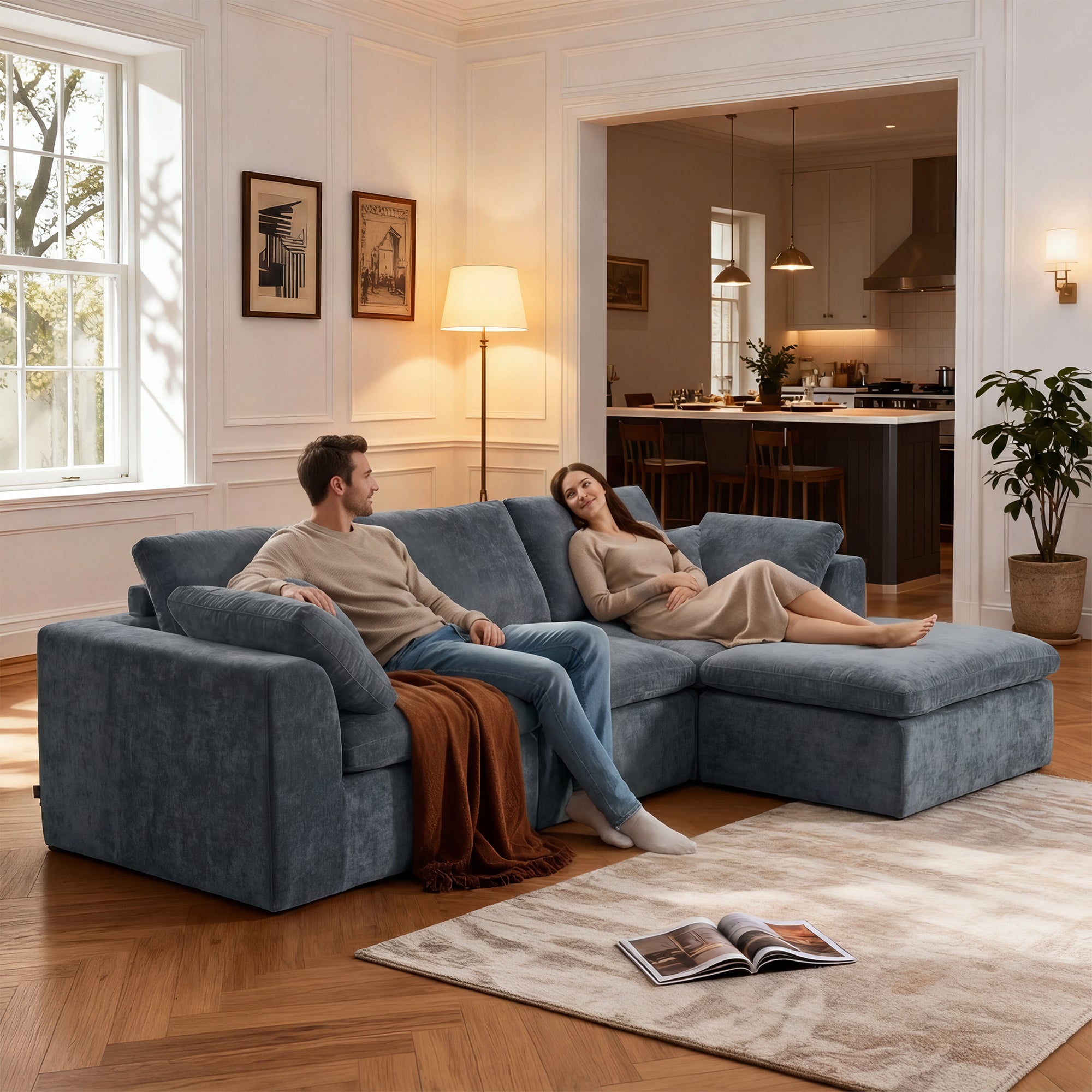 Modern Sectional Couch - Minimalist Sofa with 4 seats shown with couple relaxing on blue corduroy fabric, ideal for cozy living room settings.