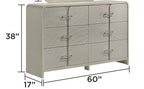 Modern 6-Drawer Dresser - Textured Fronts with dimensions 60”W x 17”D x 38”H, perfect for ample bedroom storage and modern decor.