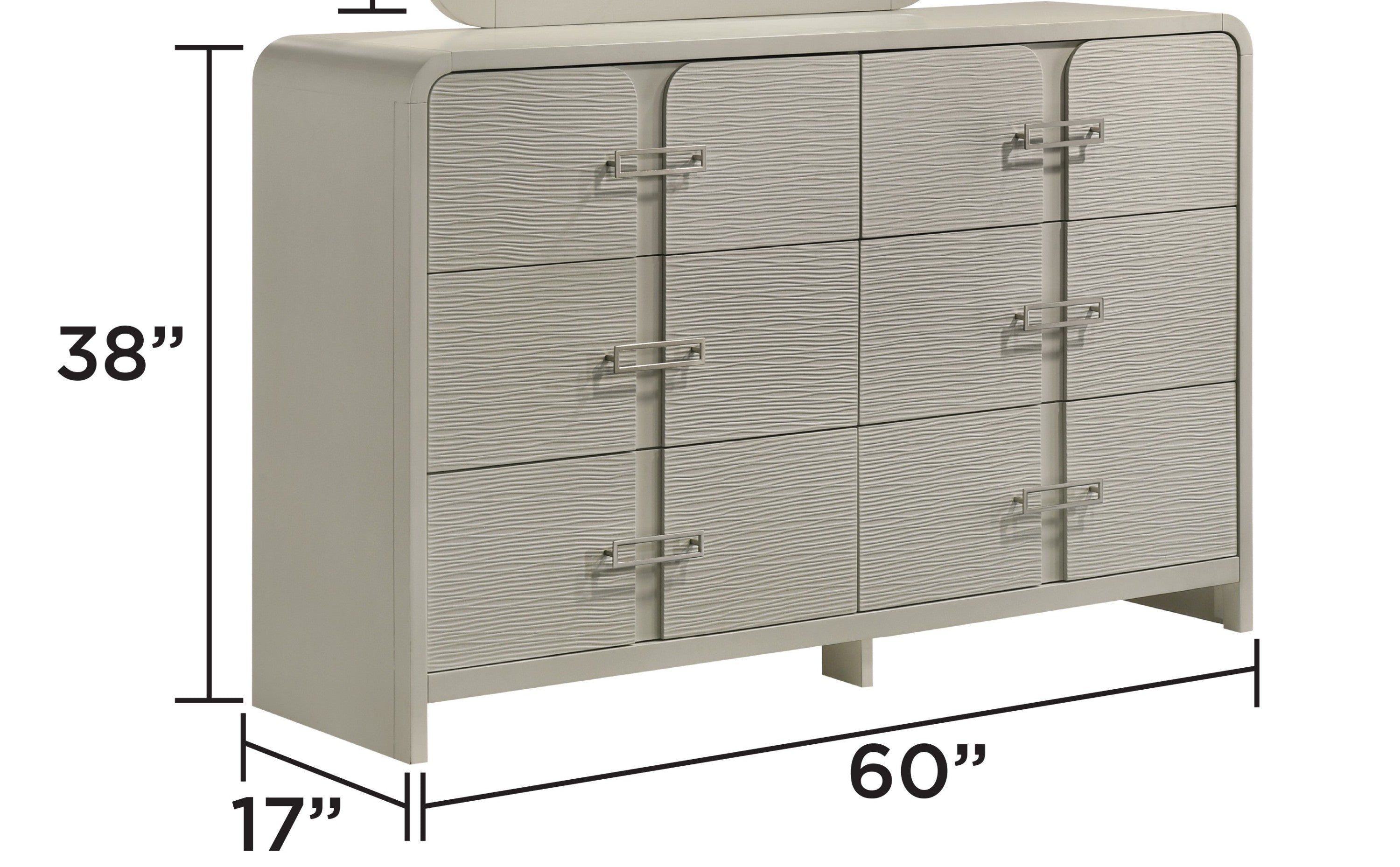 Modern 6-Drawer Dresser - Textured Fronts with dimensions 60”W x 17”D x 38”H, perfect for ample bedroom storage and modern decor.