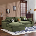 Green Corduroy Sofa with Cushions and Pillows.