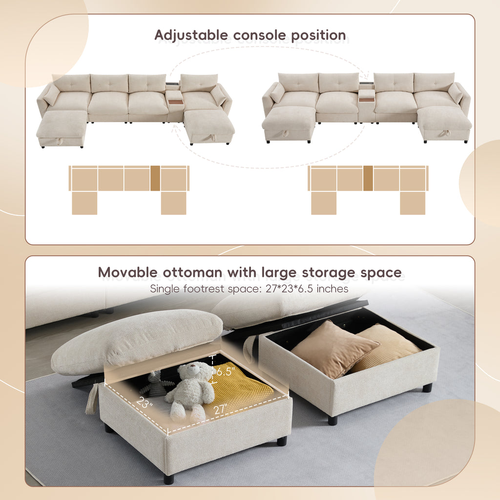 Adjustable console and movable ottoman with storage in modular sectional sofa, offering flexible layout and hidden storage.