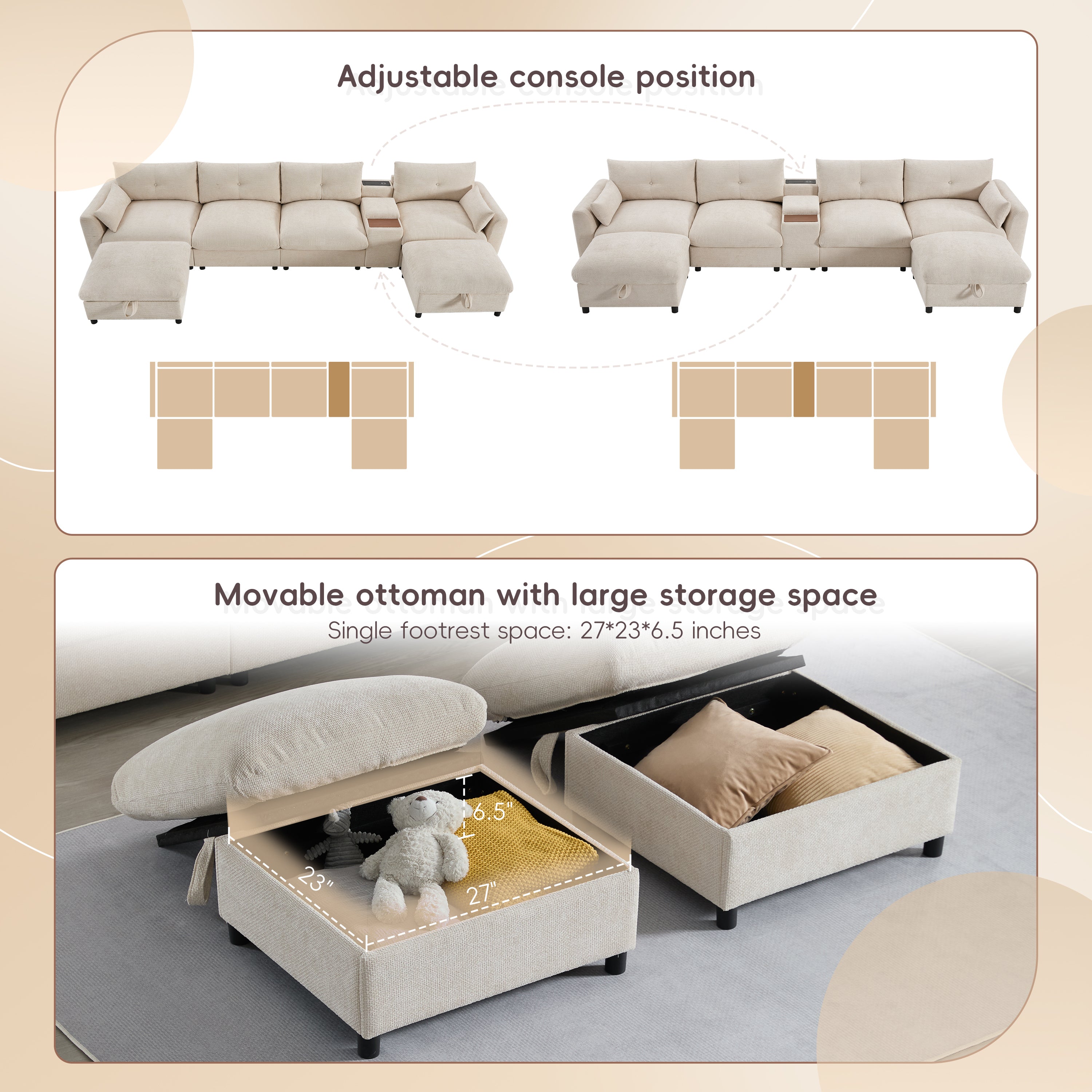 Adjustable console and movable ottoman with storage in modular sectional sofa, offering flexible layout and hidden storage.