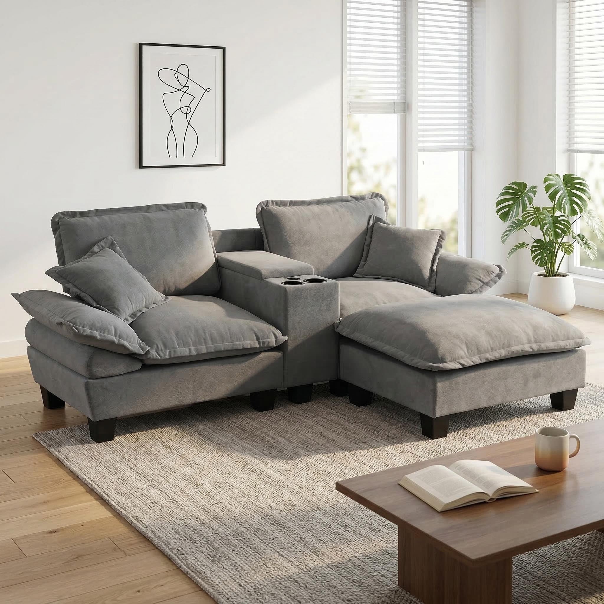 Modular Grey Chenille Cloud Sectional Sofa with Storage & USB Port