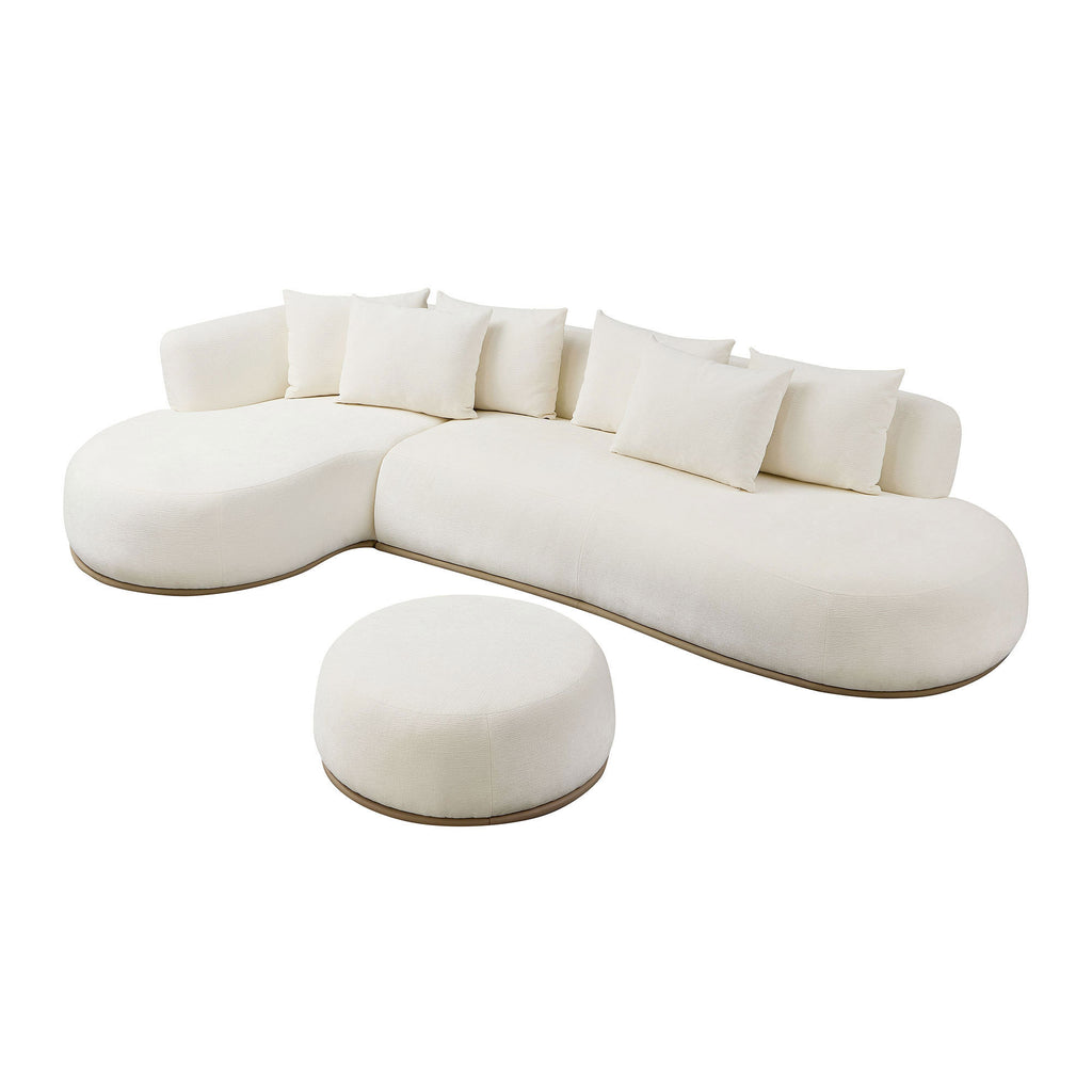 Oversized L-shape sectional sofa with ottoman in beige featuring a modern curved design and plush cushions for luxurious living room comfort.