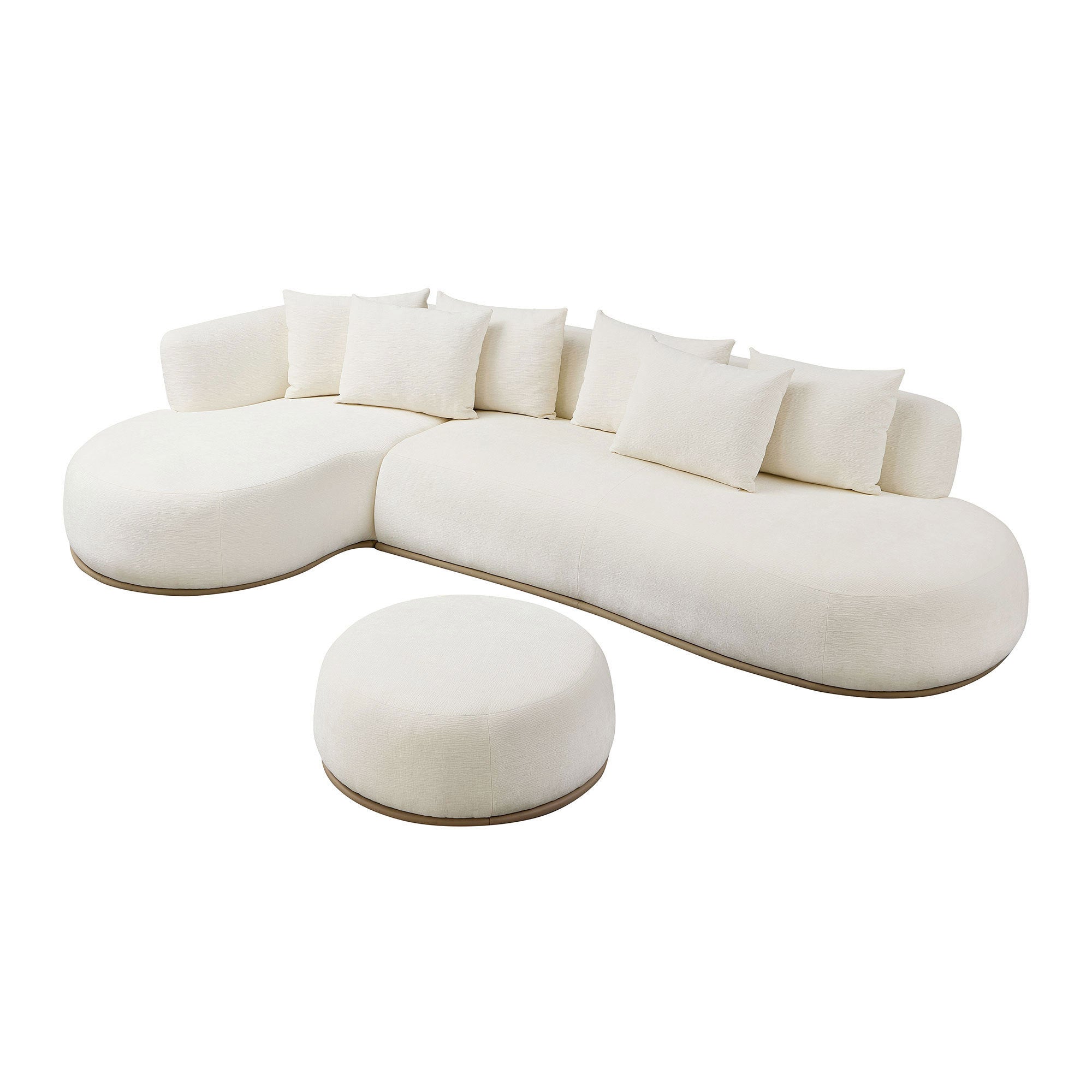 Oversized L-shape sectional sofa with ottoman in beige featuring a modern curved design and plush cushions for luxurious living room comfort.