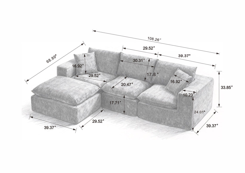 Dimension diagram of Chenille Cloud Sofa - Comfortable & Combinable. Includes detailed measurements for modular sectional layout.