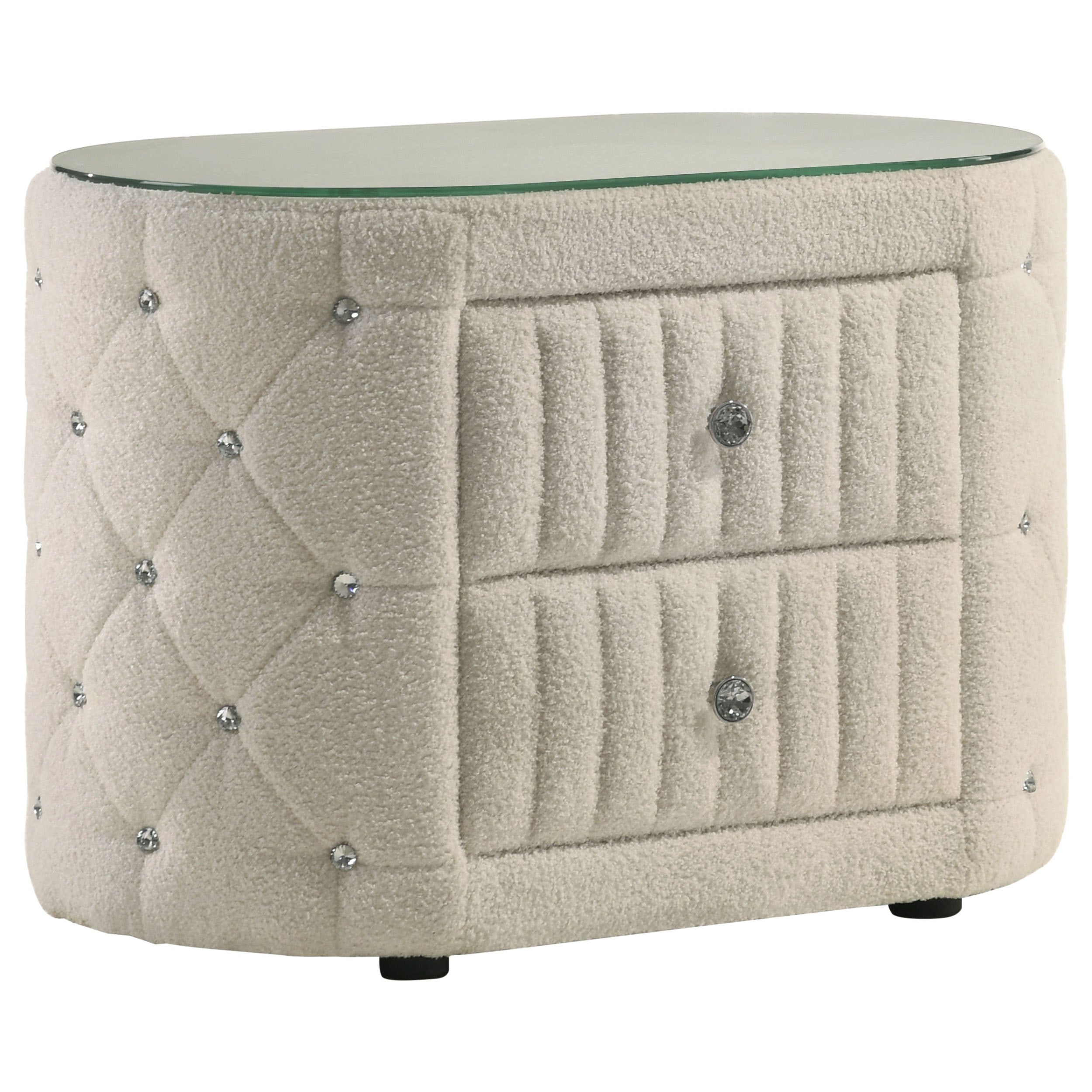 Ivory bouclé oval nightstand with two drawers, a tempered glass top, diamond-tufted sides, and crystal drawer knobs.