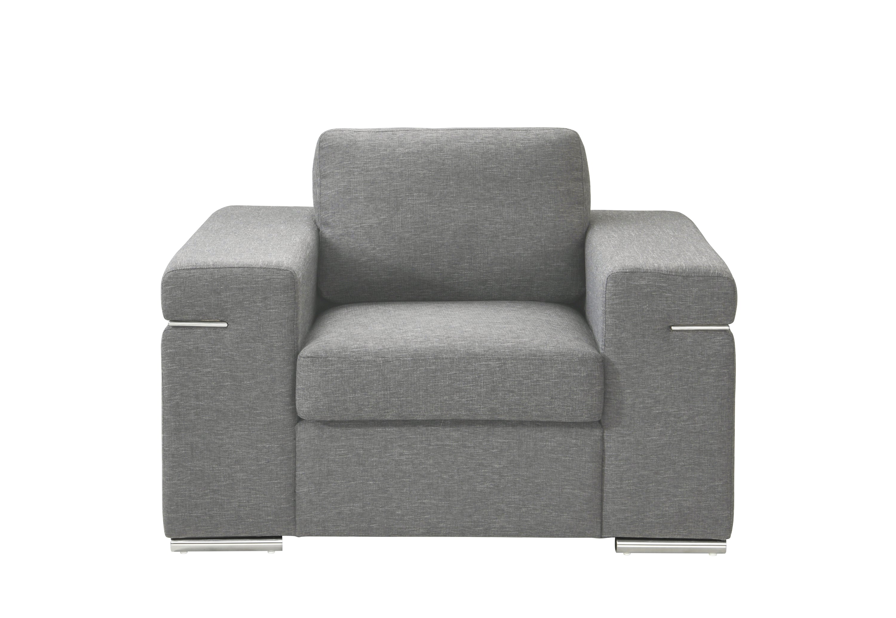 Front view of gray woven fabric arm chair with plush cushions and sleek chrome accents, ideal for stylish living room seating.