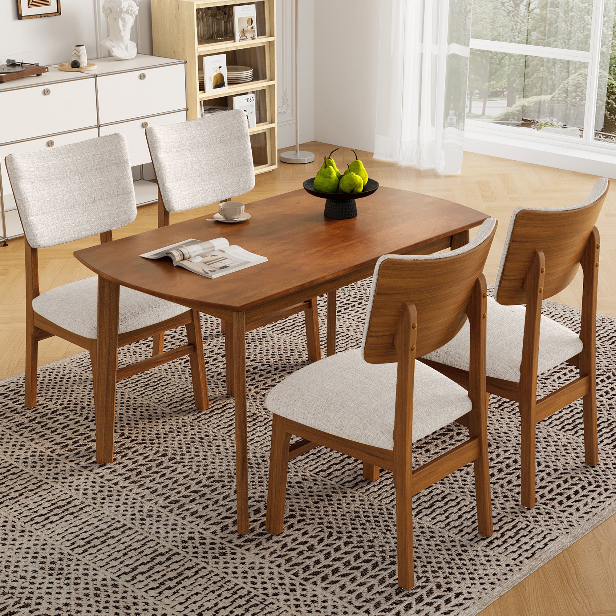 Top view of farmhouse dining table set - seats 4 with soft upholstered chairs and durable wood table, perfect for compact dining areas.