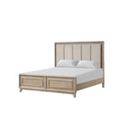 Queen Size Bed with Padded Headboard in Oak Finish.