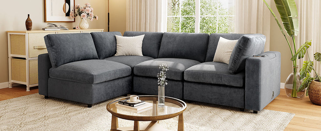 Corner layout of modular sofa with hidden storage and charging ports, designed for flexible, tech-friendly seating.