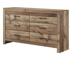 Rustic wooden dresser with a natural finish, featuring six drawers, plank-style panels, and black metal bar handles.