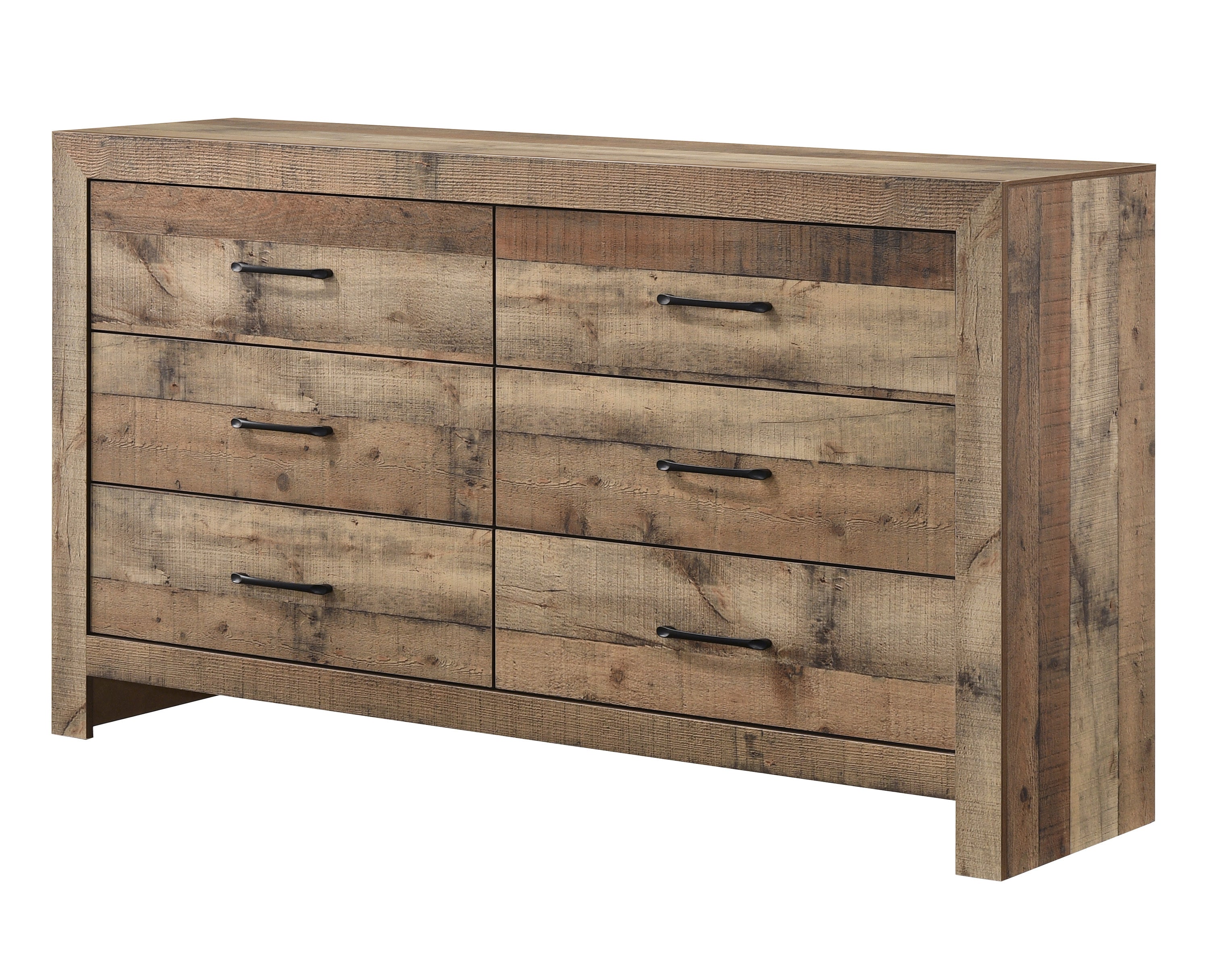Rustic wooden dresser with a natural finish, featuring six drawers, plank-style panels, and black metal bar handles.