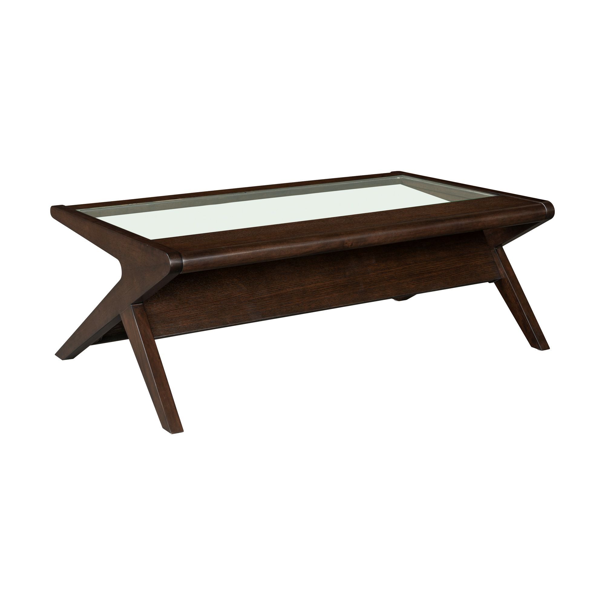 Angled front view of Mid-Century Modern Coffee Table in Morocco Brown with tempered glass top and integrated storage shelf.