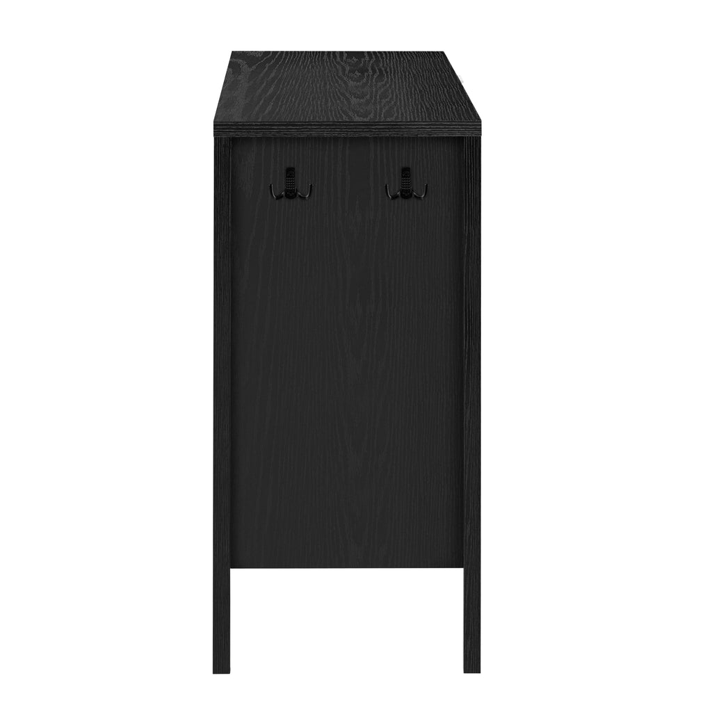 Side view of modern wave-pattern sideboard with dual hooks for hanging accessories, finished in sleek black wood grain.