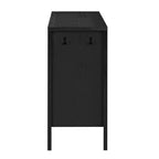 Side view of modern wave-pattern sideboard with dual hooks for hanging accessories, finished in sleek black wood grain.