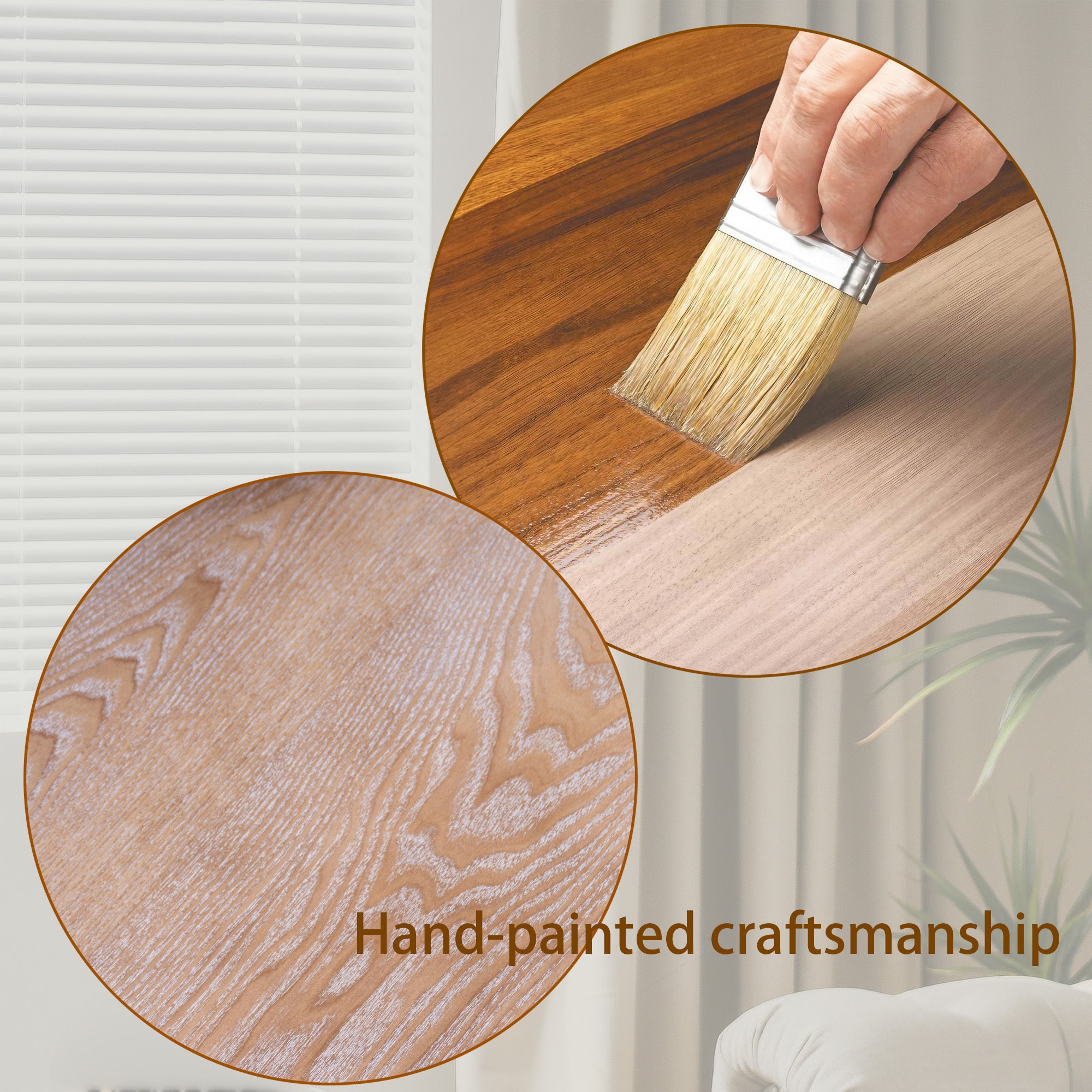 Hand-painted craftsmanship process shown on rustic carved wood coffee table, highlighting artisanal quality and natural wood finish.