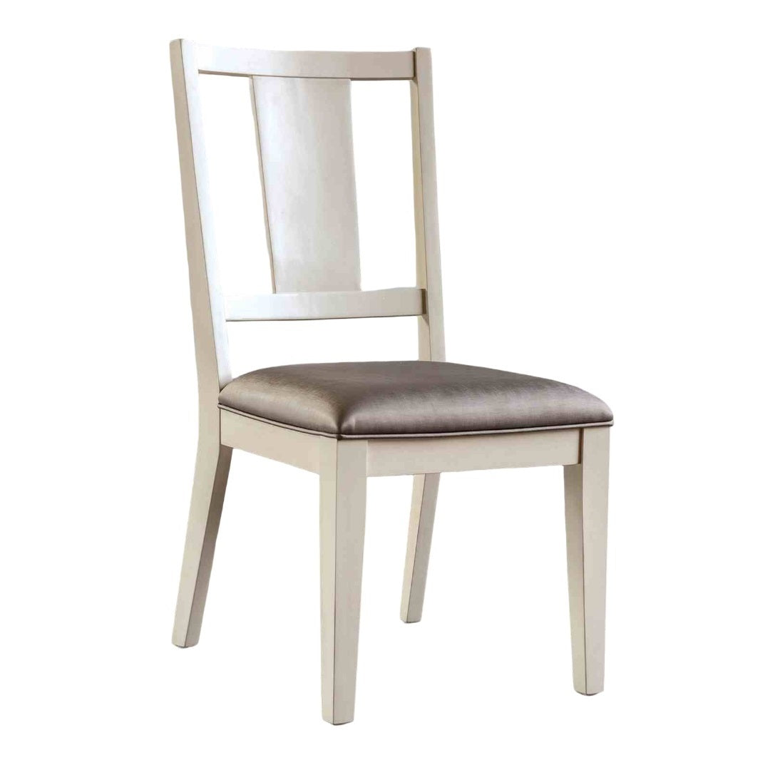 Oak finish transitional dining chair featuring a cushioned seat and faceted back panel. Stylish and comfortable for versatile dining spaces.
