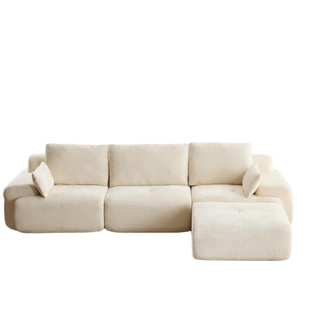 Modern beige corduroy sectional sofa with deep, plush memory foam cushions and a modular design on a white background.