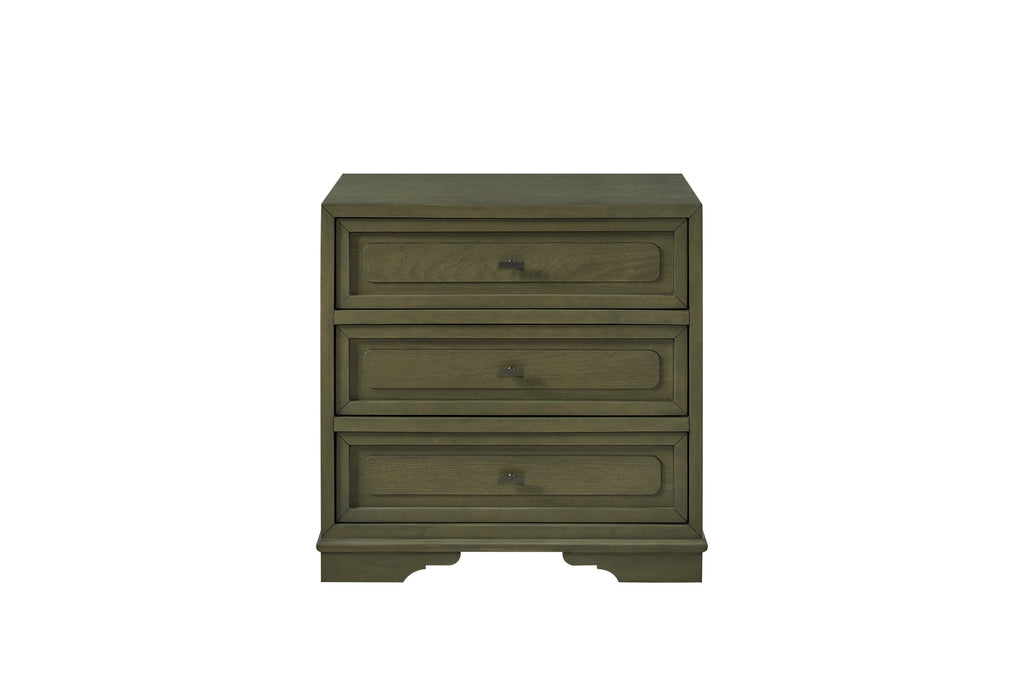 Pistachio-green wooden nightstand featuring three drawers with recessed panels and minimalist dark hardware.