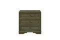 Pistachio-green wooden nightstand featuring three drawers with recessed panels and minimalist dark hardware.