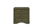 Pistachio-green wooden nightstand featuring three drawers with recessed panels and minimalist dark hardware.