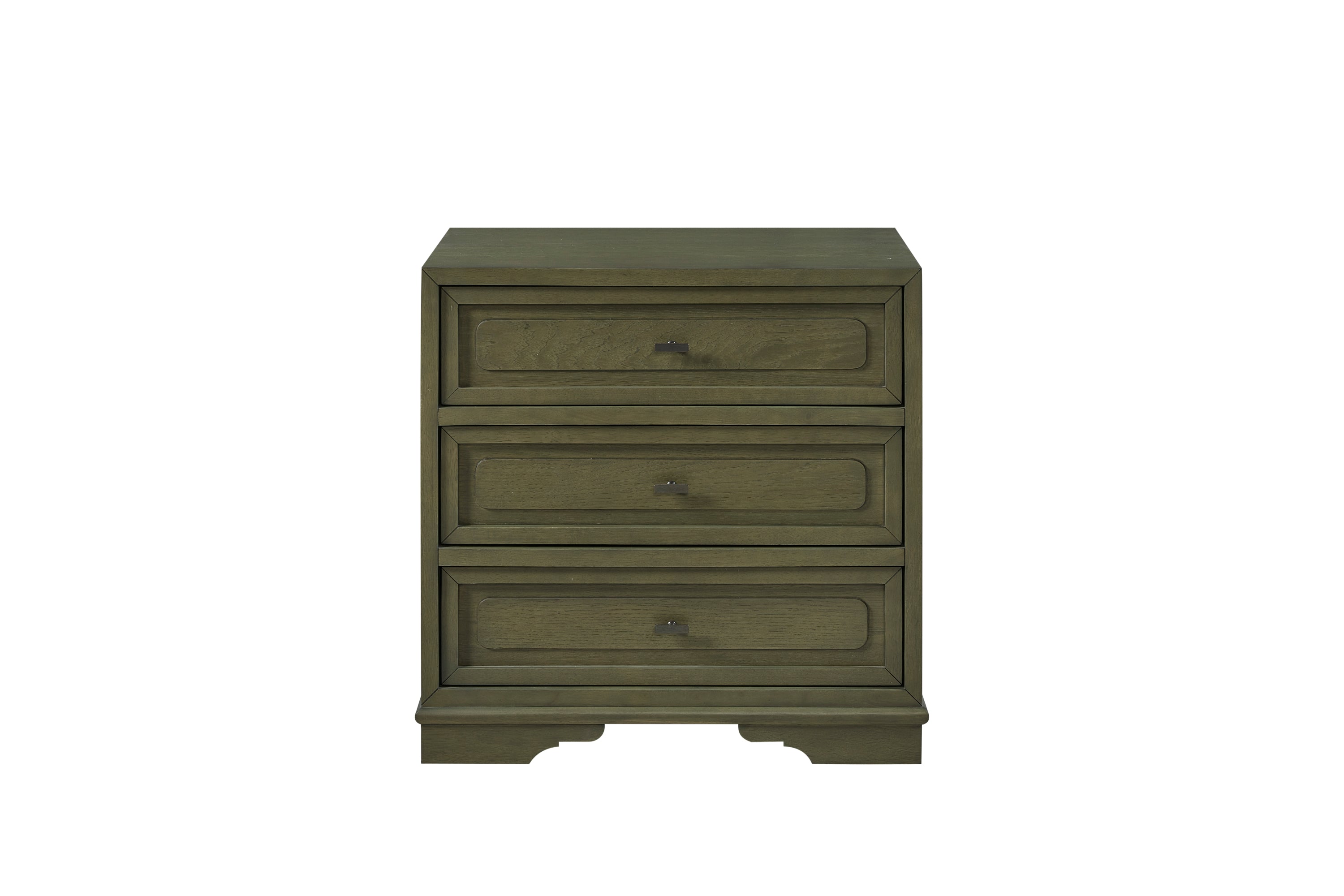 Pistachio-green wooden nightstand featuring three drawers with recessed panels and minimalist dark hardware.