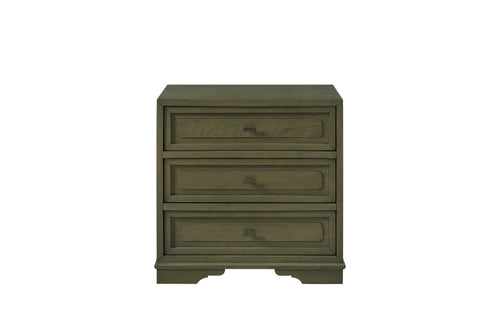 Pistachio-green wooden nightstand featuring three drawers with recessed panels and minimalist dark hardware.