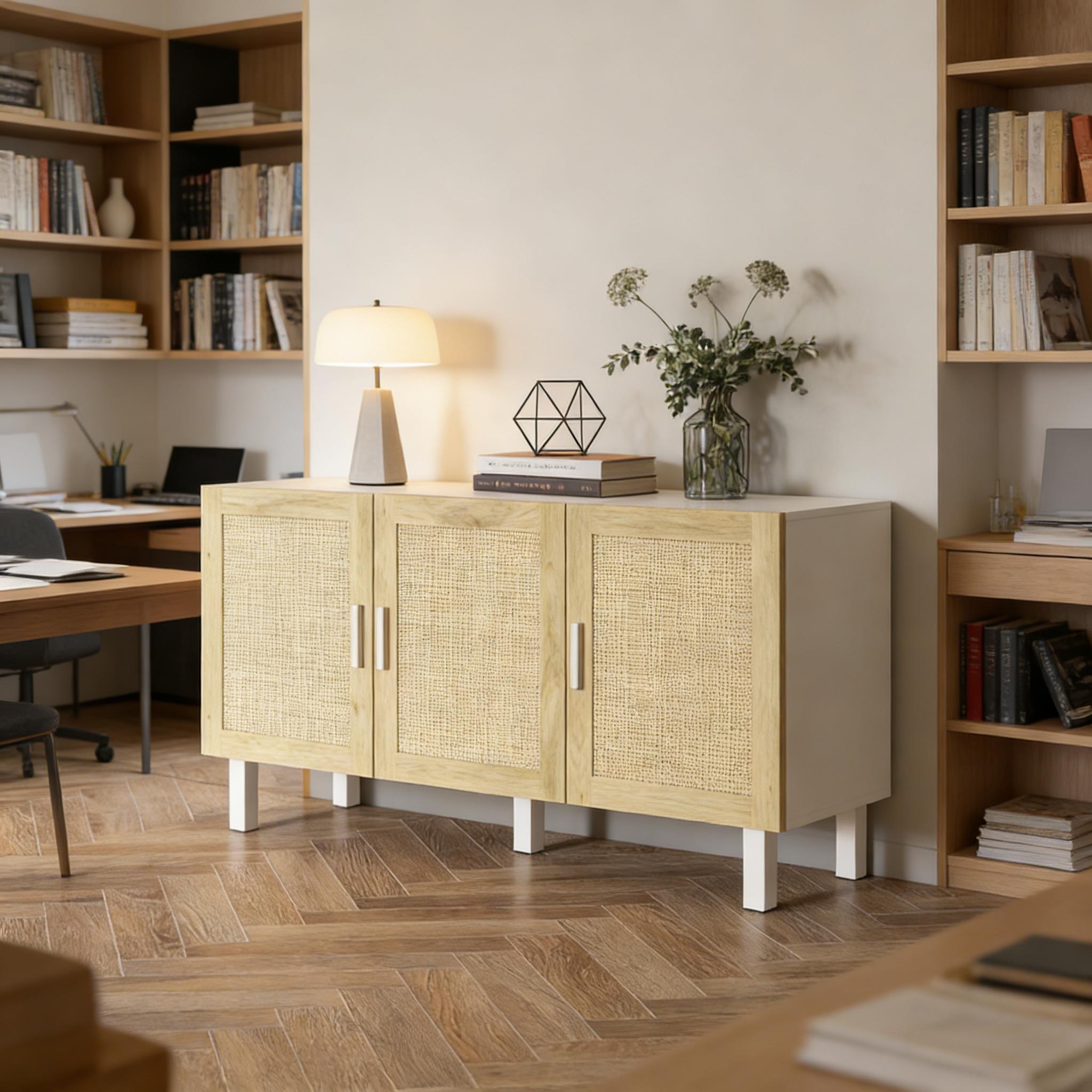 Modern three-door buffet cabinet in white and light oak with natural rattan panels, standing on sturdy white legs.