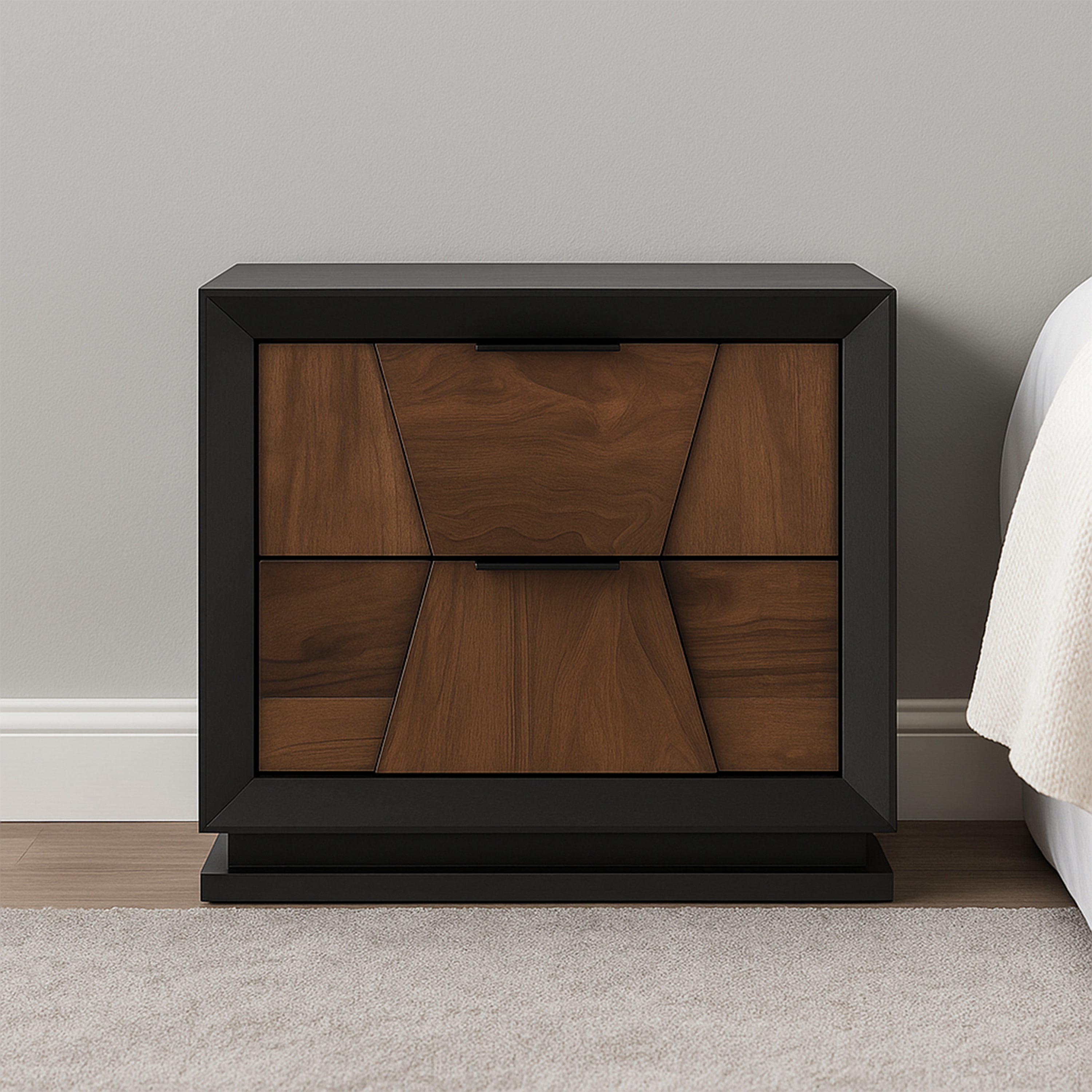 Modern walnut nightstand with 2 drawers in traditional style, placed beside a bed. Features geometric drawer fronts and black frame.