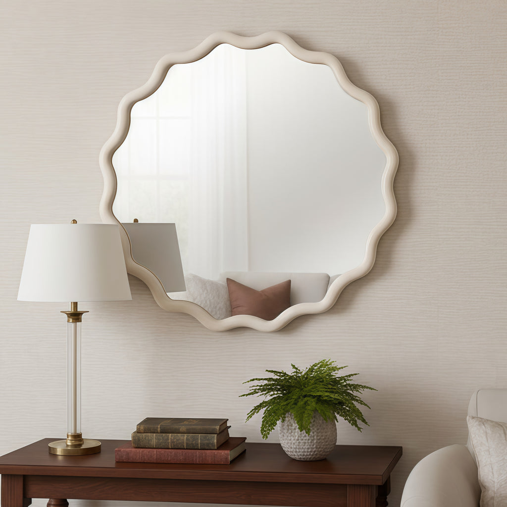 White 36 inch Wavy Round Solid Wood Frame Decorative Mirror,For Bedroom, Bathroom, Living Room, Entryway