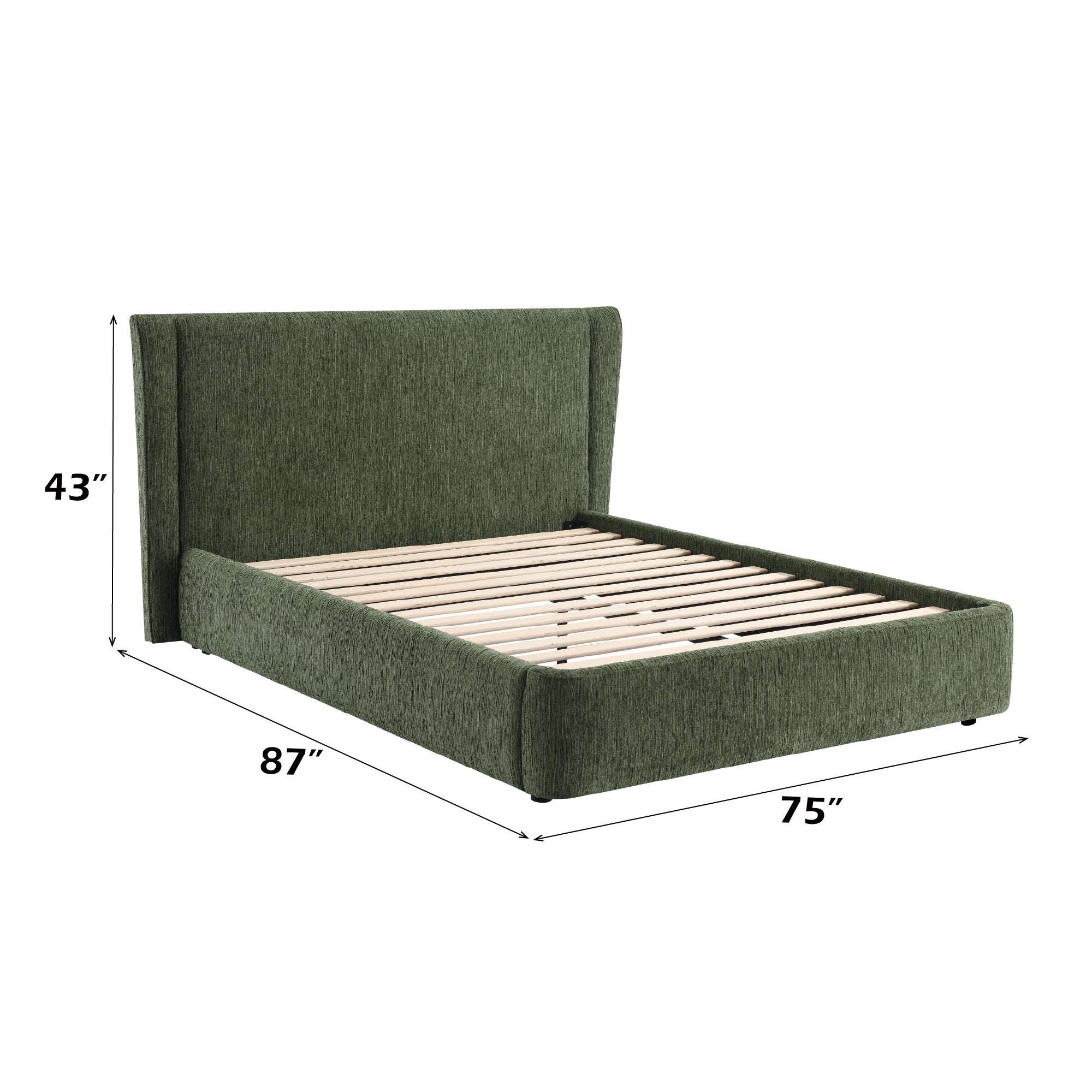 Chenille Queen Bed in dark green with dimensions 87x75x43 inches, padded headboard and tool-free assembly for easy setup.
