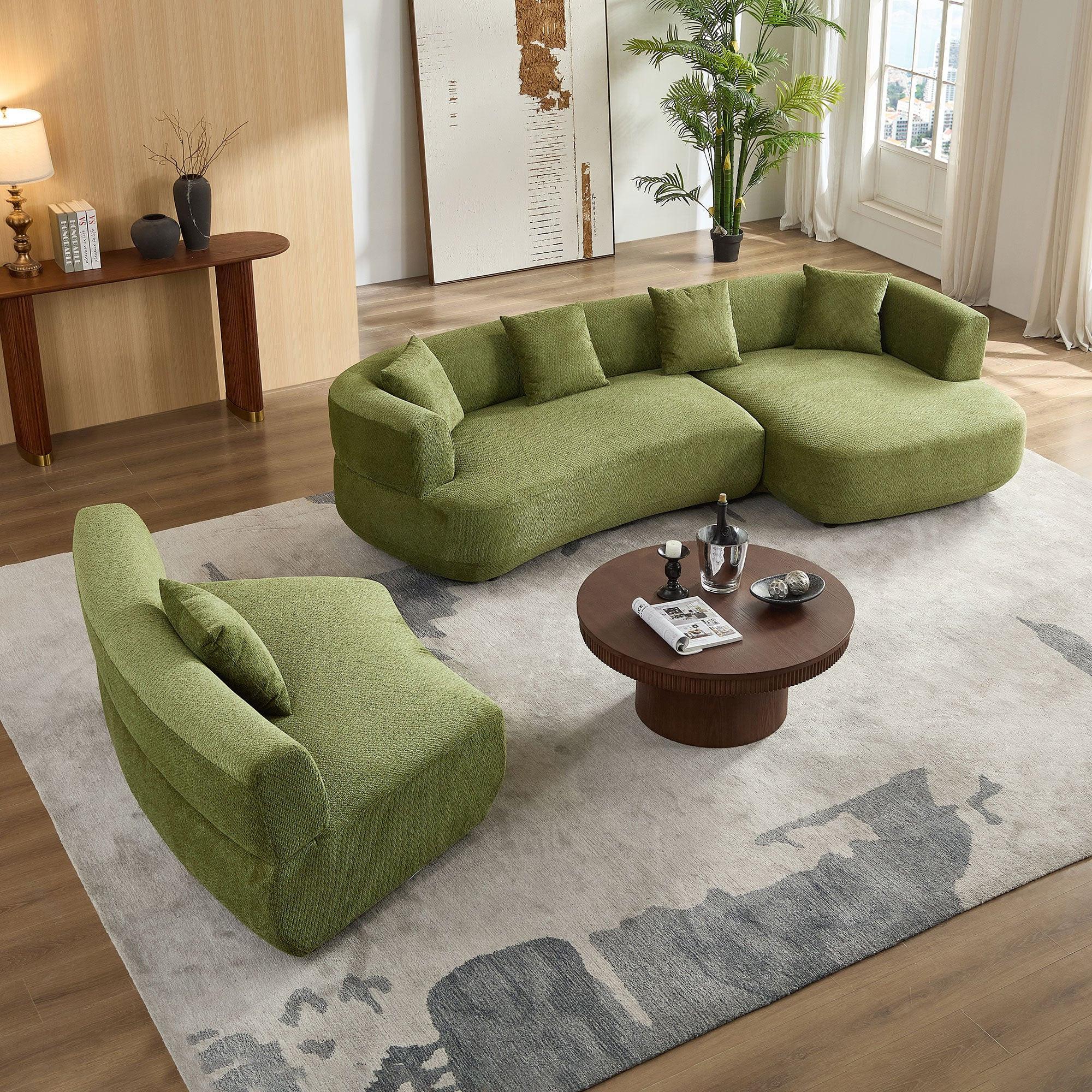 155.91 inch Curved Green Sectional Sofa with 5 Pillows.