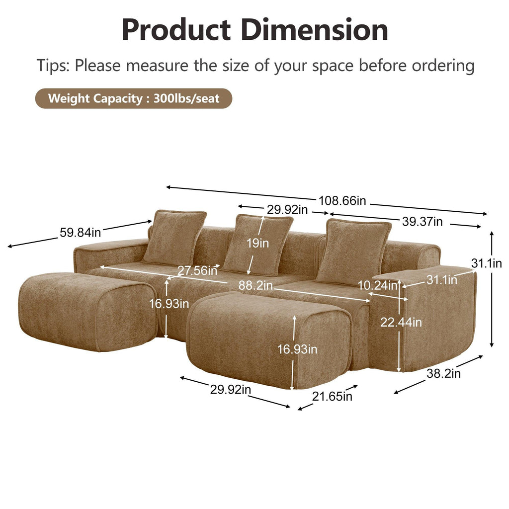 Modular Velvet Brown 3 Seat Sectional Sofa with Ottomans.