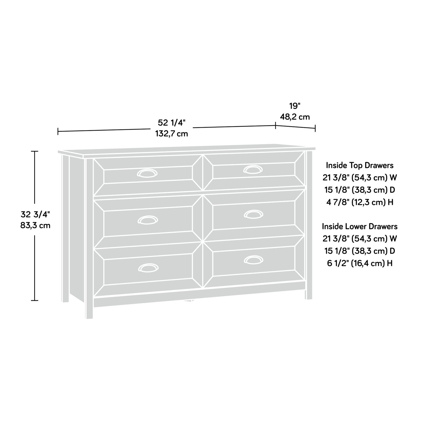 Dimension diagram of the brown dresser with storage, showing measurements of overall size and drawer interiors for bedroom use.