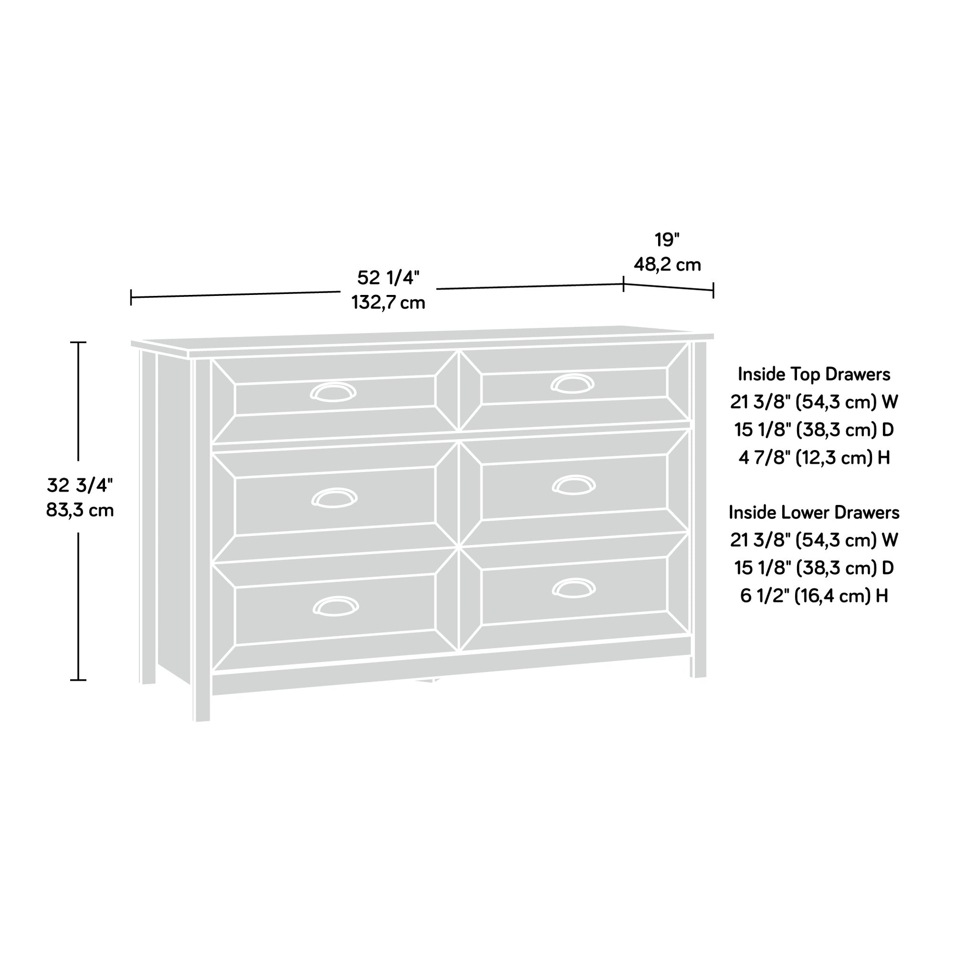 Dimension diagram of the brown dresser with storage, showing measurements of overall size and drawer interiors for bedroom use.