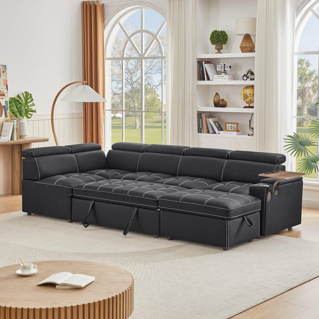 Black Sectional Sofa with Storage Ottoman for Comfortable Living.