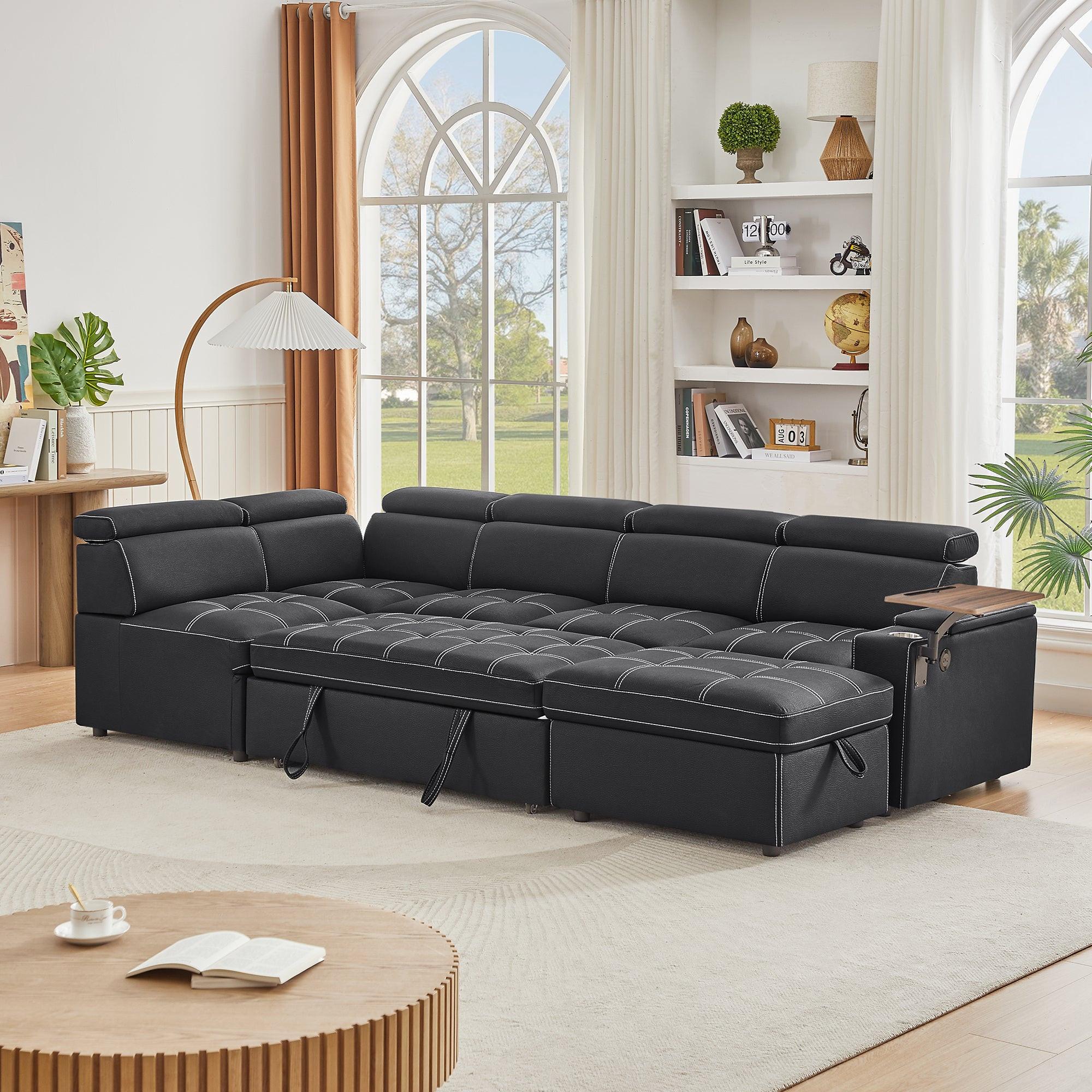Black Sectional Sofa with Storage Ottoman for Comfortable Living.