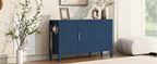 Navy sideboard storage cabinet in a bright living space, showcasing modern design with dual hooks and decorative top surface.