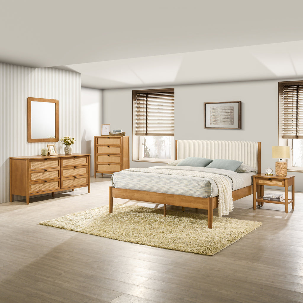 Vichy 5-Piece Walnut Rubberwood Queen Bedroom Set with Corduroy Bed