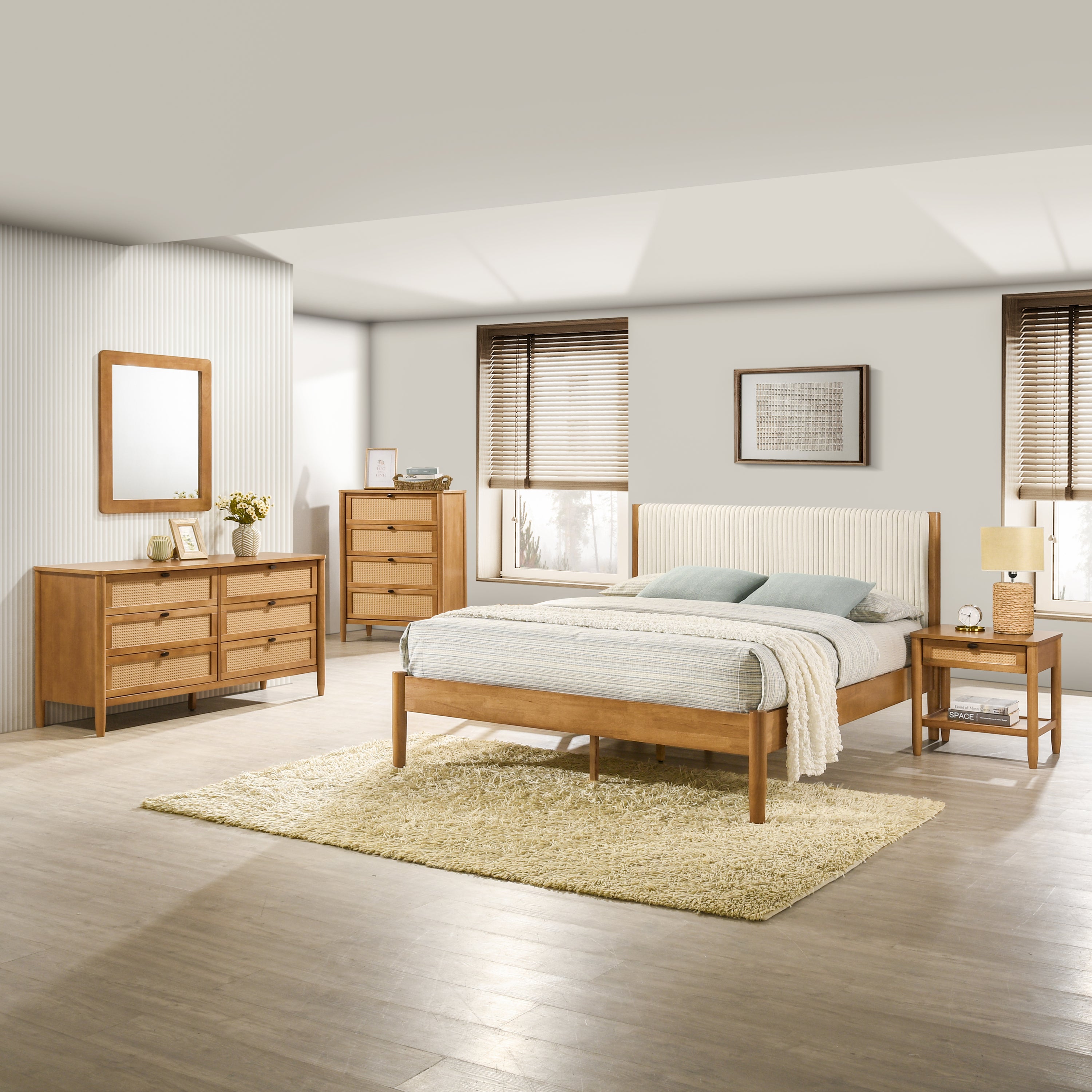 Vichy 5-Piece Walnut Rubberwood Queen Bedroom Set with Corduroy Bed