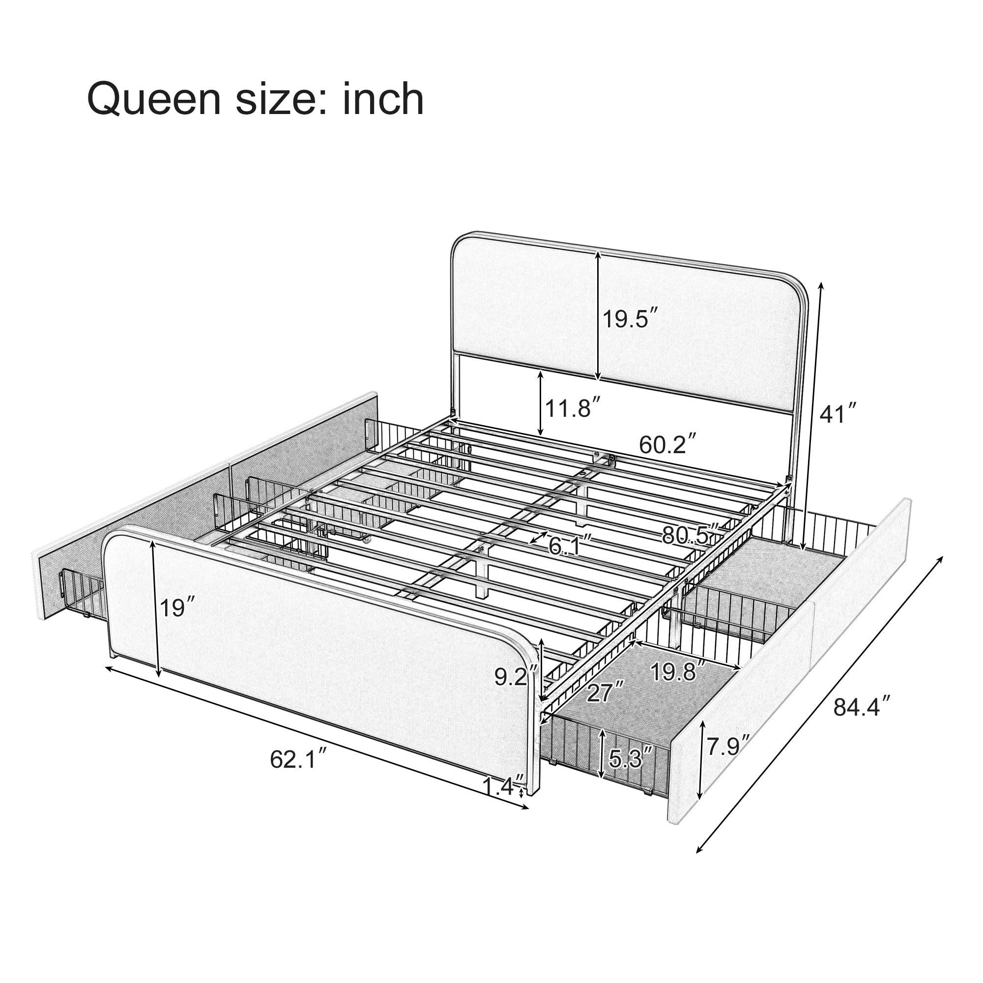 Modern Metal Bed Frame Queen Size with 4 Storage Drawers.