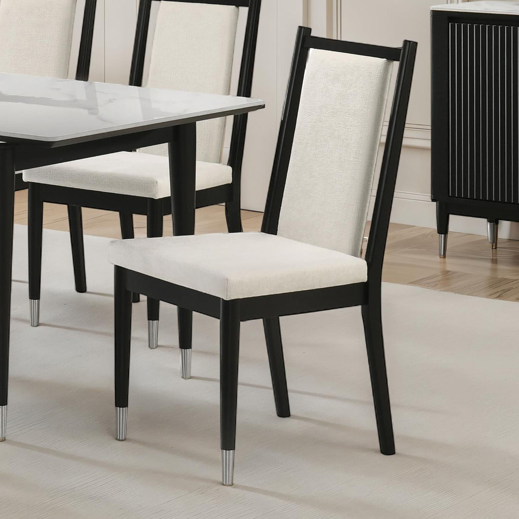 Contemporary Dining Side Chair - Modern Seating | 2pc Set shown in a dining room with black frame, white upholstery, and arrow legs.