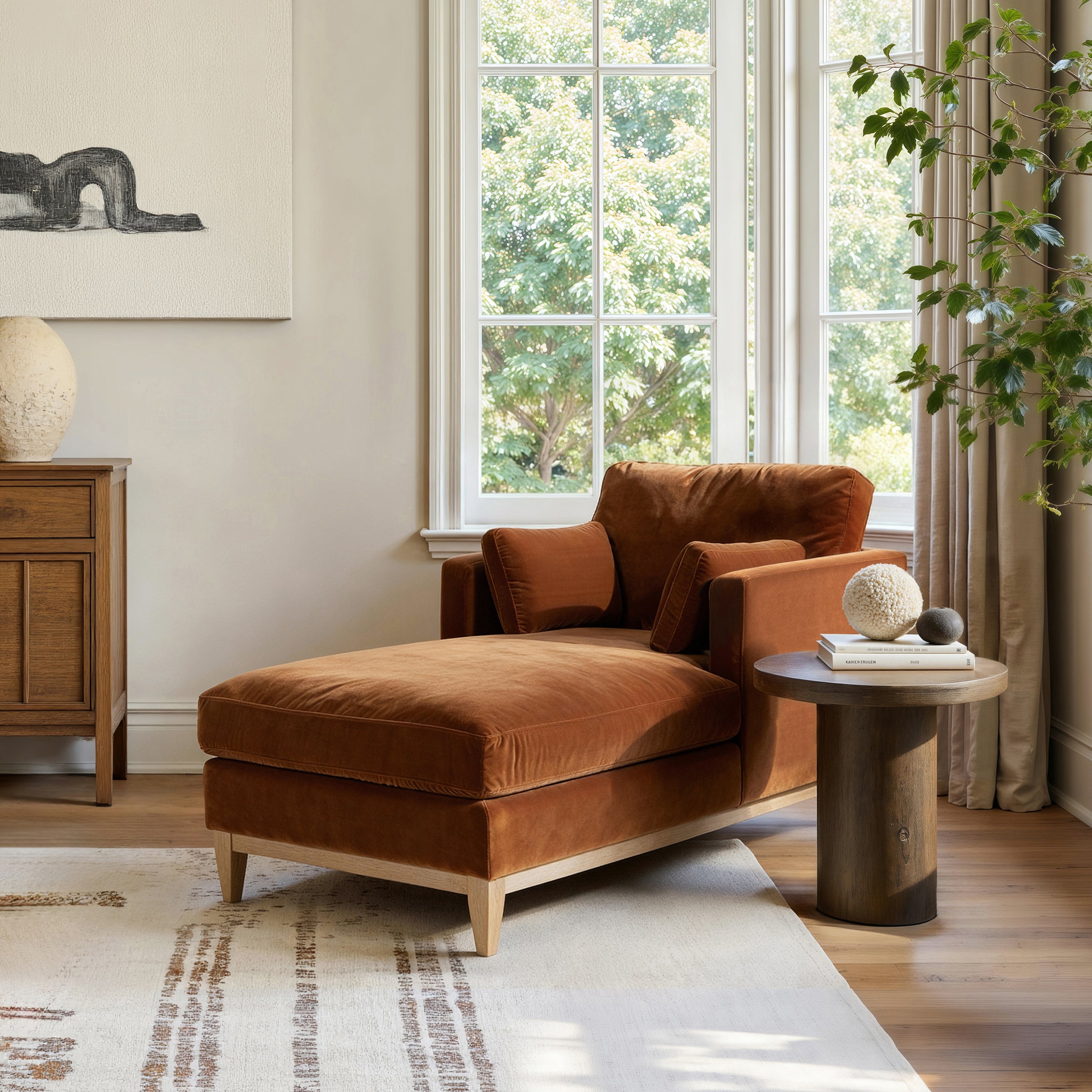 Knox 65' burnt orange velvet chaise lounge chair in a modern farmhouse interior with wood furniture and natural light, perfect for relaxation.