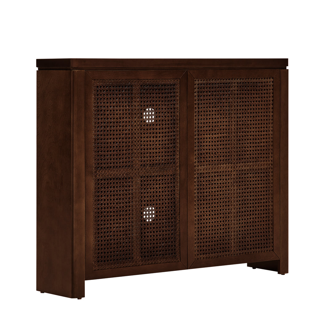 Angled view of Mid Century Rattan Sideboard Cabinet in walnut with dual rattan doors and outlet holes on back panel.