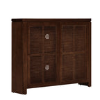 Angled view of Mid Century Rattan Sideboard Cabinet in walnut with dual rattan doors and outlet holes on back panel.