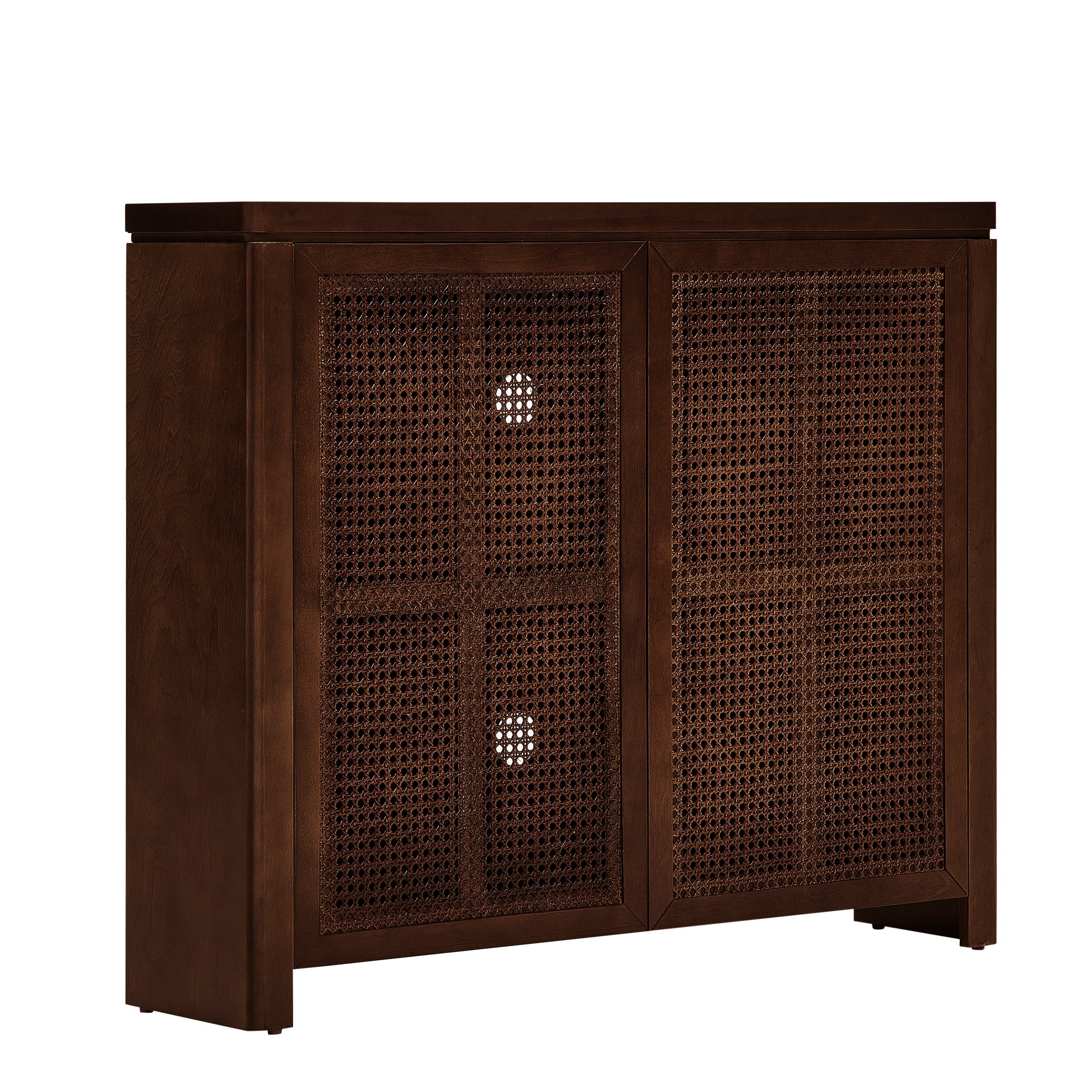 Angled view of Mid Century Rattan Sideboard Cabinet in walnut with dual rattan doors and outlet holes on back panel.