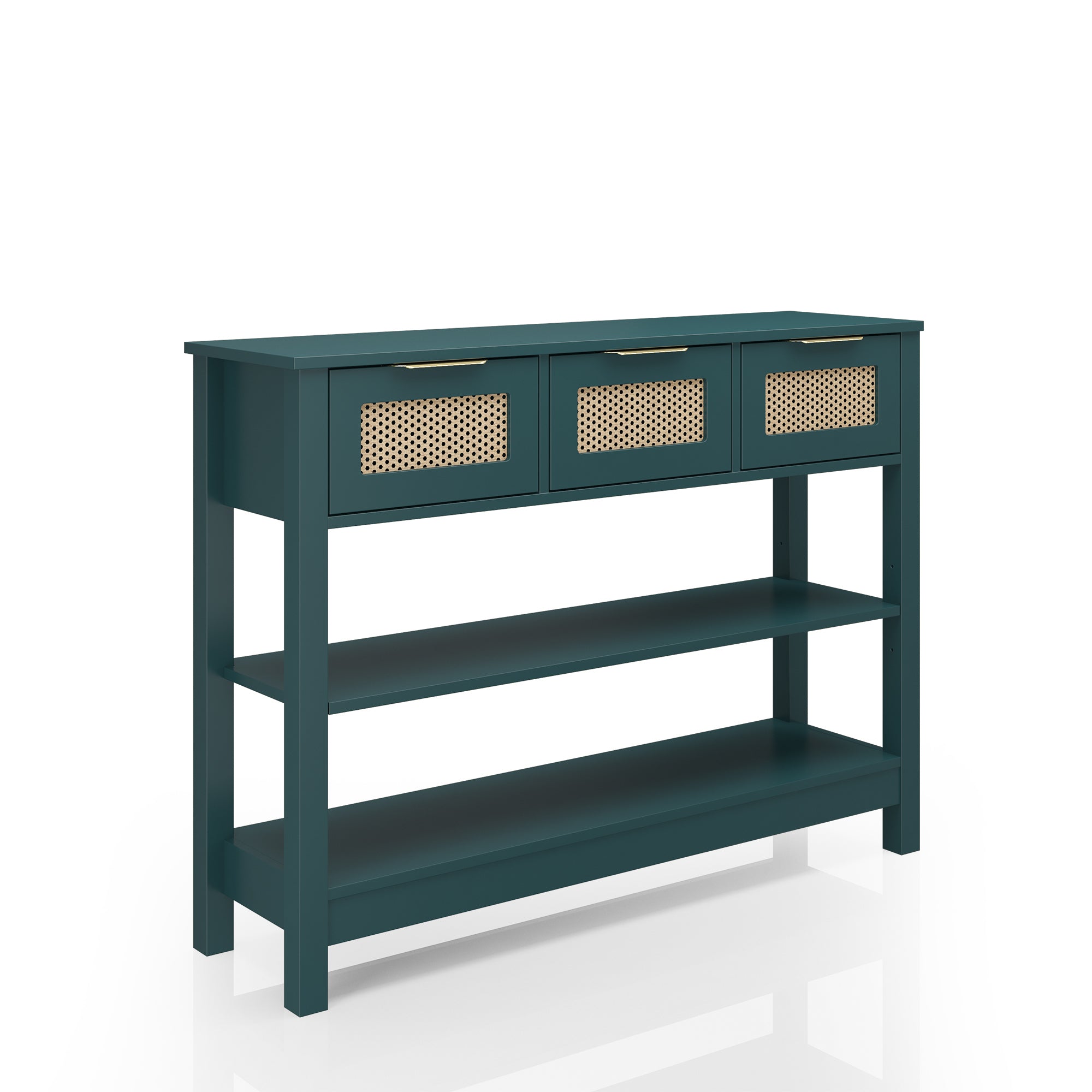 Angled view of farmhouse console table featuring teal MDF frame, 3 rattan drawers, and 2-tier open shelving for functional hallway storage.