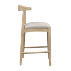 Side profile of modern counter stool featuring contoured backrest and padded seat in pebble fabric, supported by a sturdy rubberwood frame.